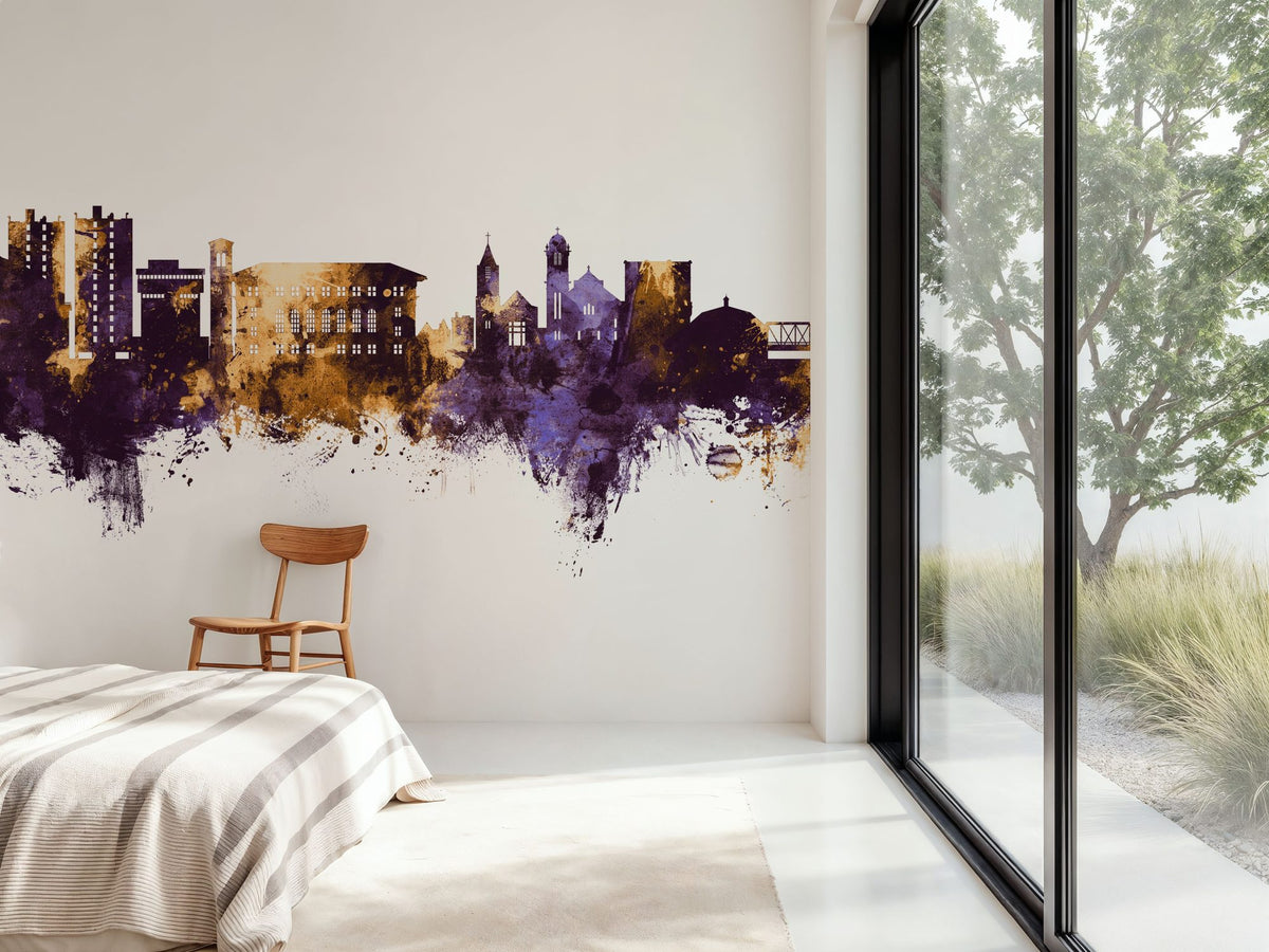 Cedar Falls Iowa Skyline Purple & Gold Mural Wallpaper - room preview 03