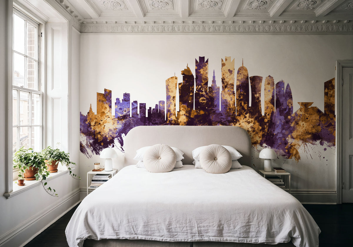 Doha Qatar Skyline Purpl & Gold Mural Wallpaper - room preview 03