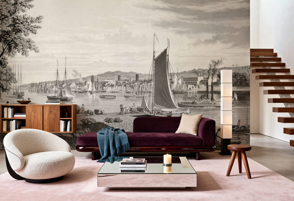 Old View of Troy & Hudson River, 1838 Mural Wallpaper - room preview 03