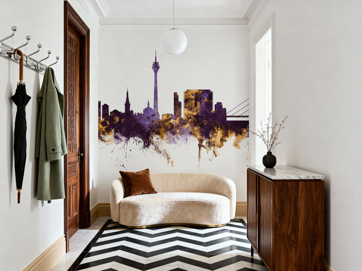 Düsseldorf Germany Skyline Purple & Gold Mural Wallpaper - room preview 03