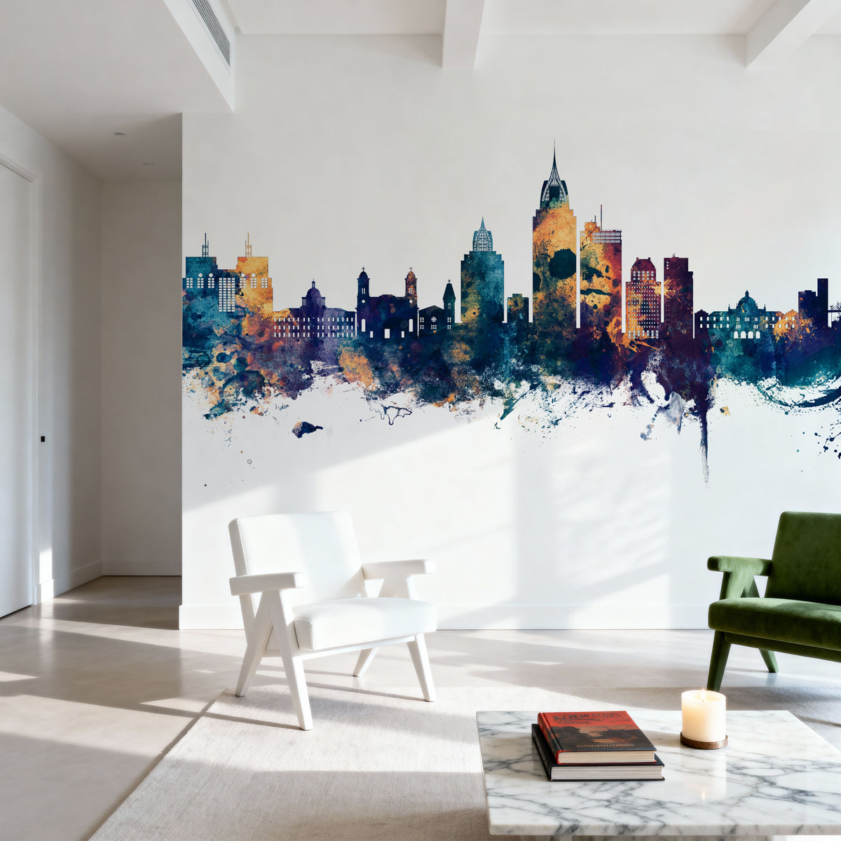 Mobile Alabama Skyline Blue & Bronze Mural Wallpaper - room preview 03