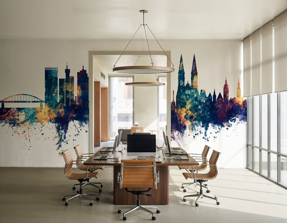 Zagreb Croatia Skyline Blue & Bronze Mural Wallpaper - room preview 03