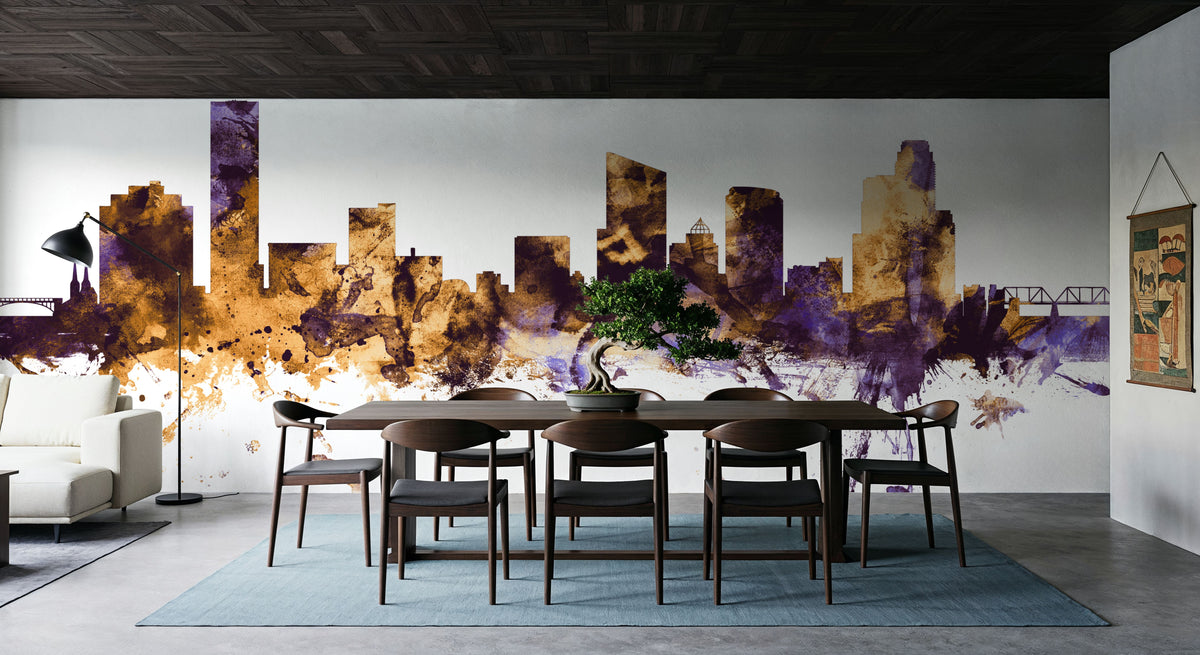 Grand Rapids Michigan Skyline Purple & Gold Mural Wallpaper - room preview 03