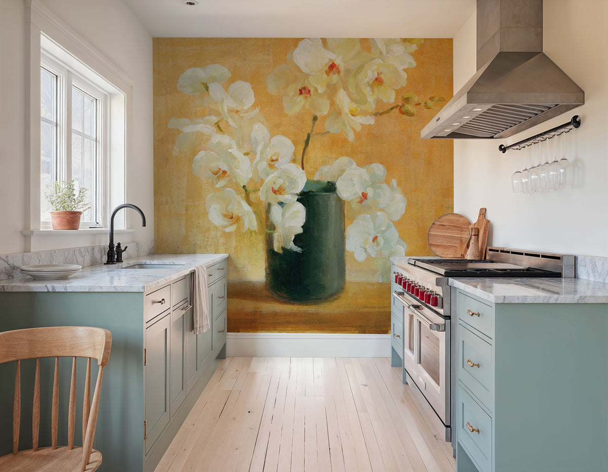 White Orchids in Black Vase Mural Wallpaper - room preview 03