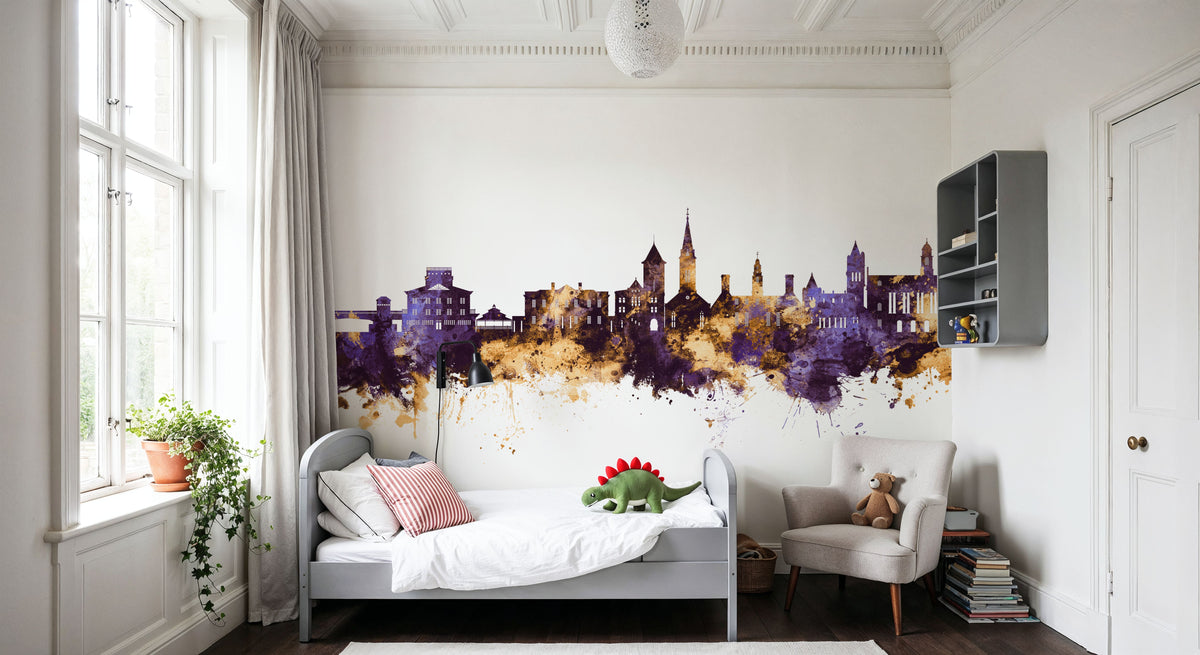 New Bern North Carolina Skyline Purple & Gold Mural Wallpaper - room preview 03