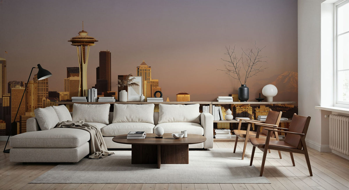 Golden Metropolis Dusk Mountain Mural Wallpaper - room preview 03