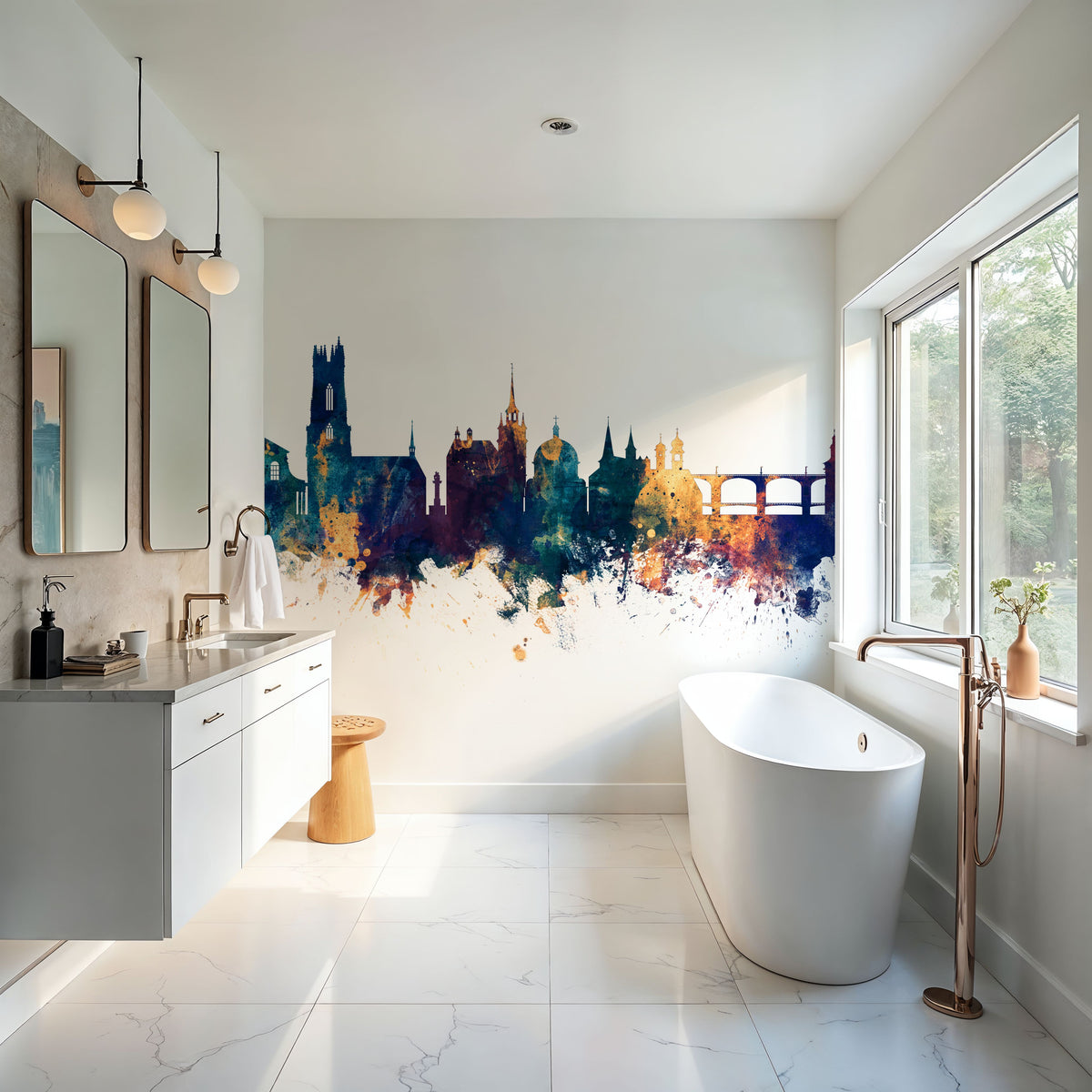 Fribourg Switzerland Skyline Blue & Bronze Mural Wallpaper - room preview 03
