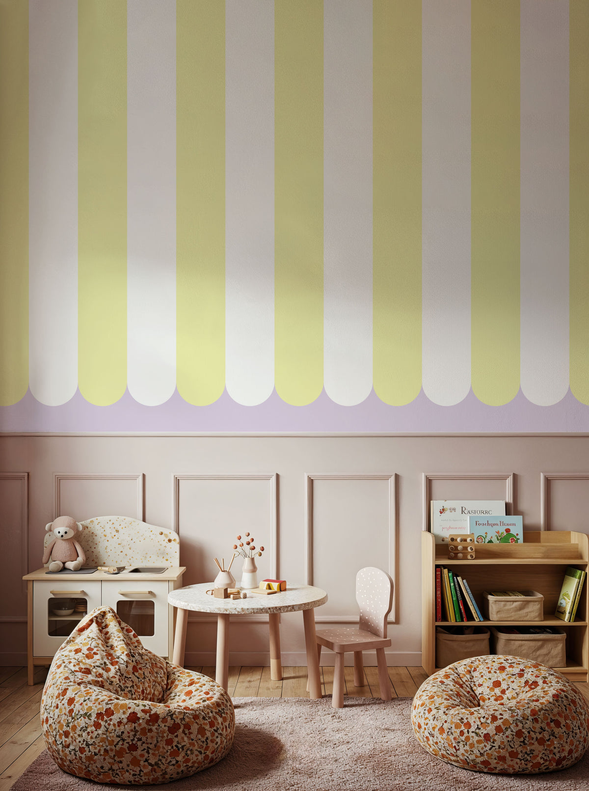 Scalloped Circus Stripes, Yellow Mural Wallpaper - room preview 03