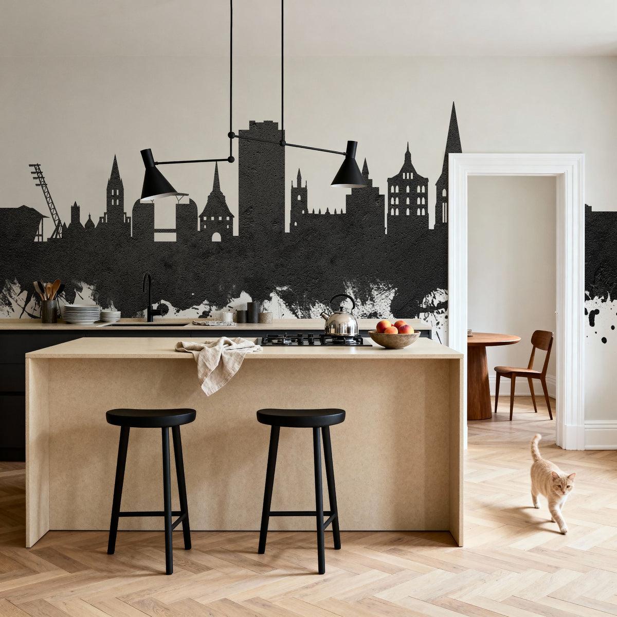 Rostock Germnay Skyline Black & White Mural Wallpaper - room preview 03