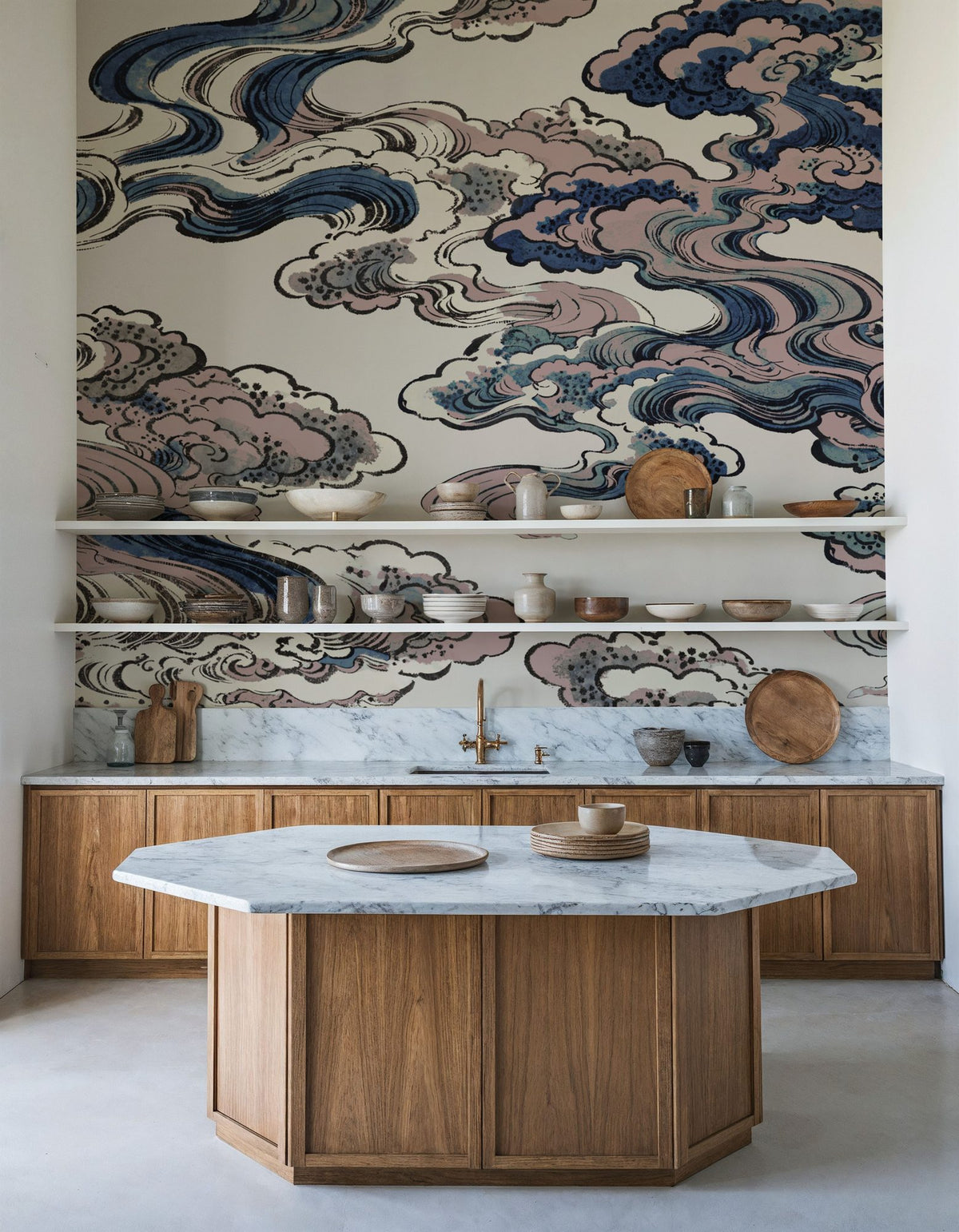 Ukiyo-e Clouds, Soft Pink Mural Wallpaper - room preview 03