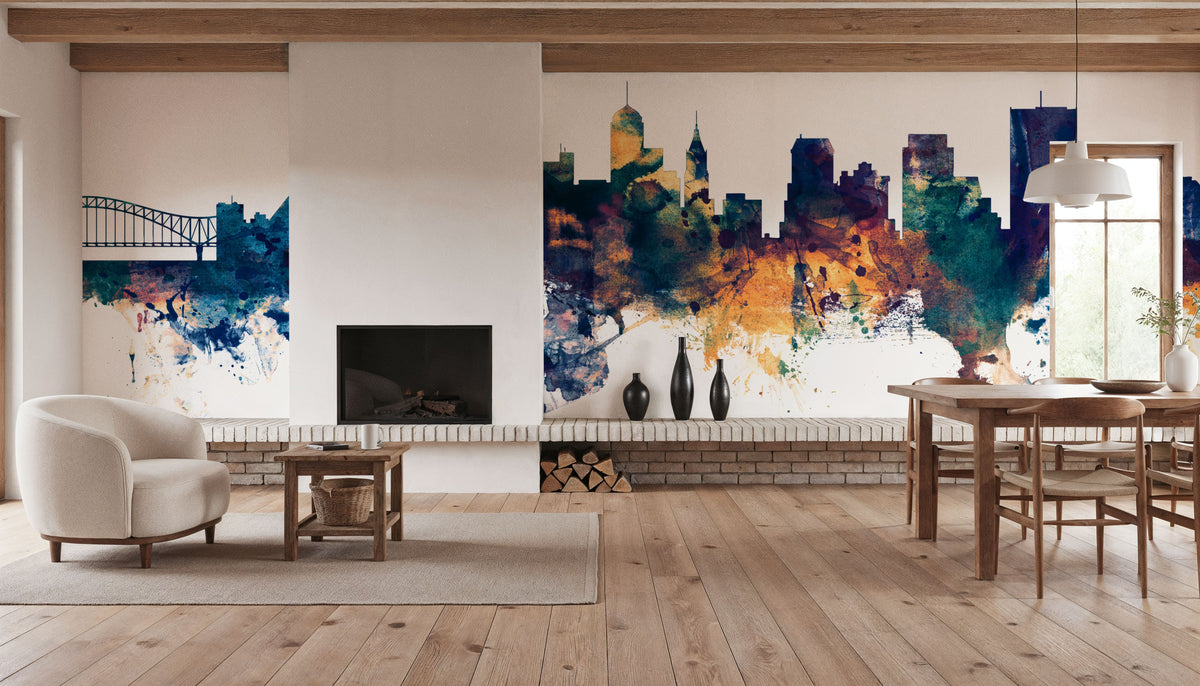 Memphis Tennessee Skyline Blue & Bronze Mural Wallpaper - room preview 03