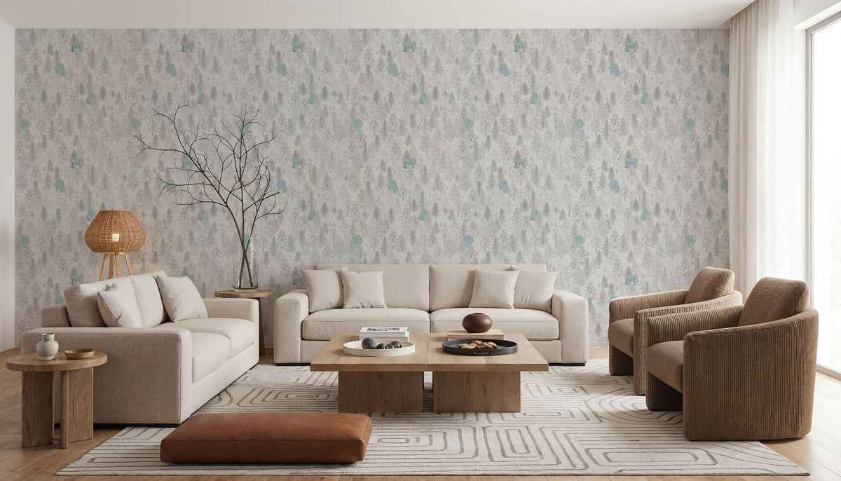 Forest Cabins, Grey Mural Wallpaper - room preview 03