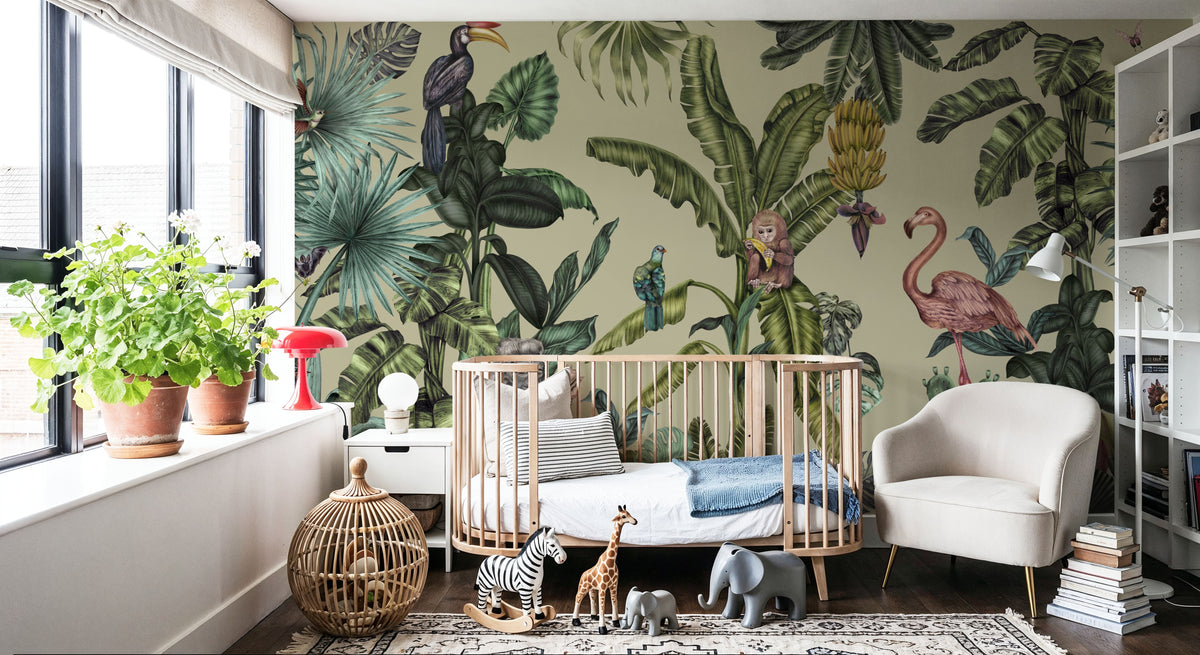 Monkeys with Birds, Laurel Mural Wallpaper - room preview 03