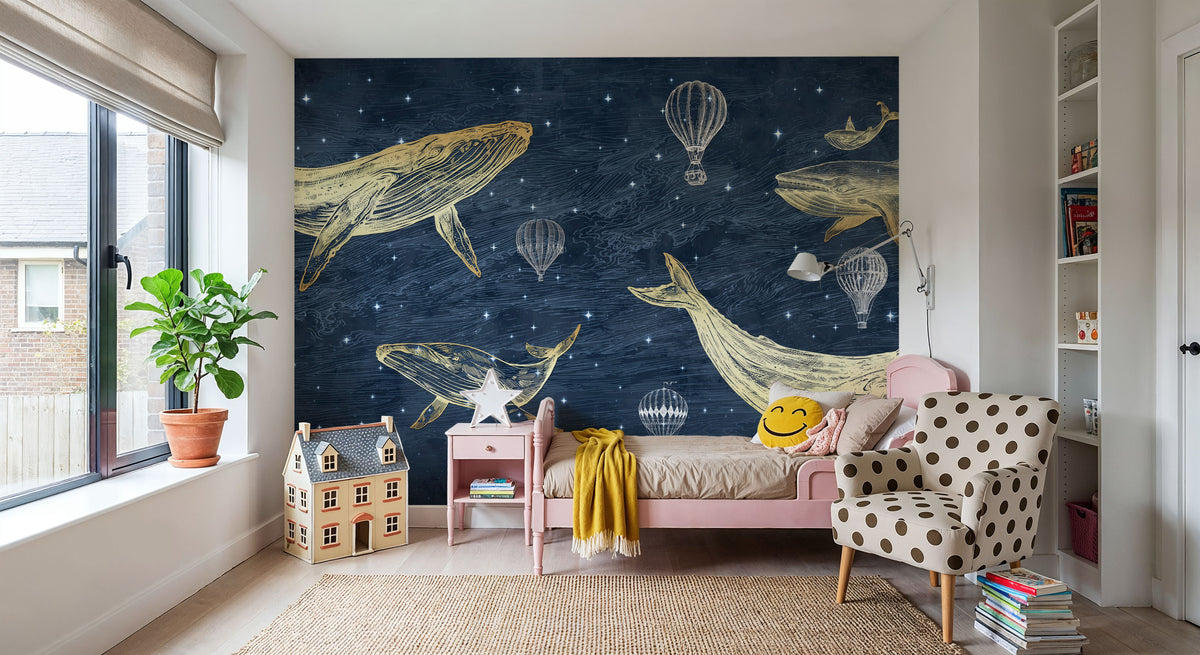 Whales in the Sky with Balloons, Midnight Mural Wallpaper - room preview 03