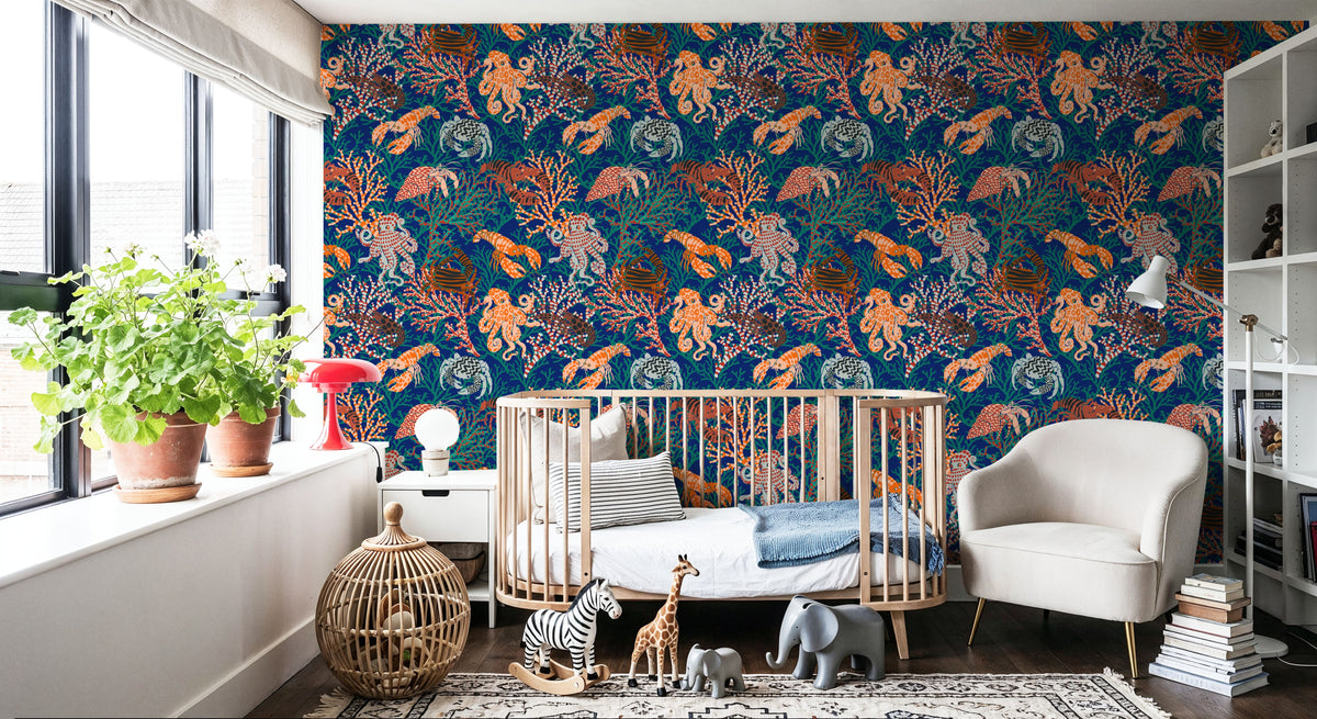 Vibrant Coral Reef, Blue and Orange Mural Wallpaper - room preview 03