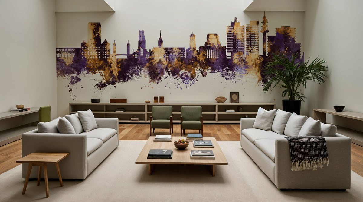 Duisburg Germany Skyline Purple & Gold Mural Wallpaper - room preview 03
