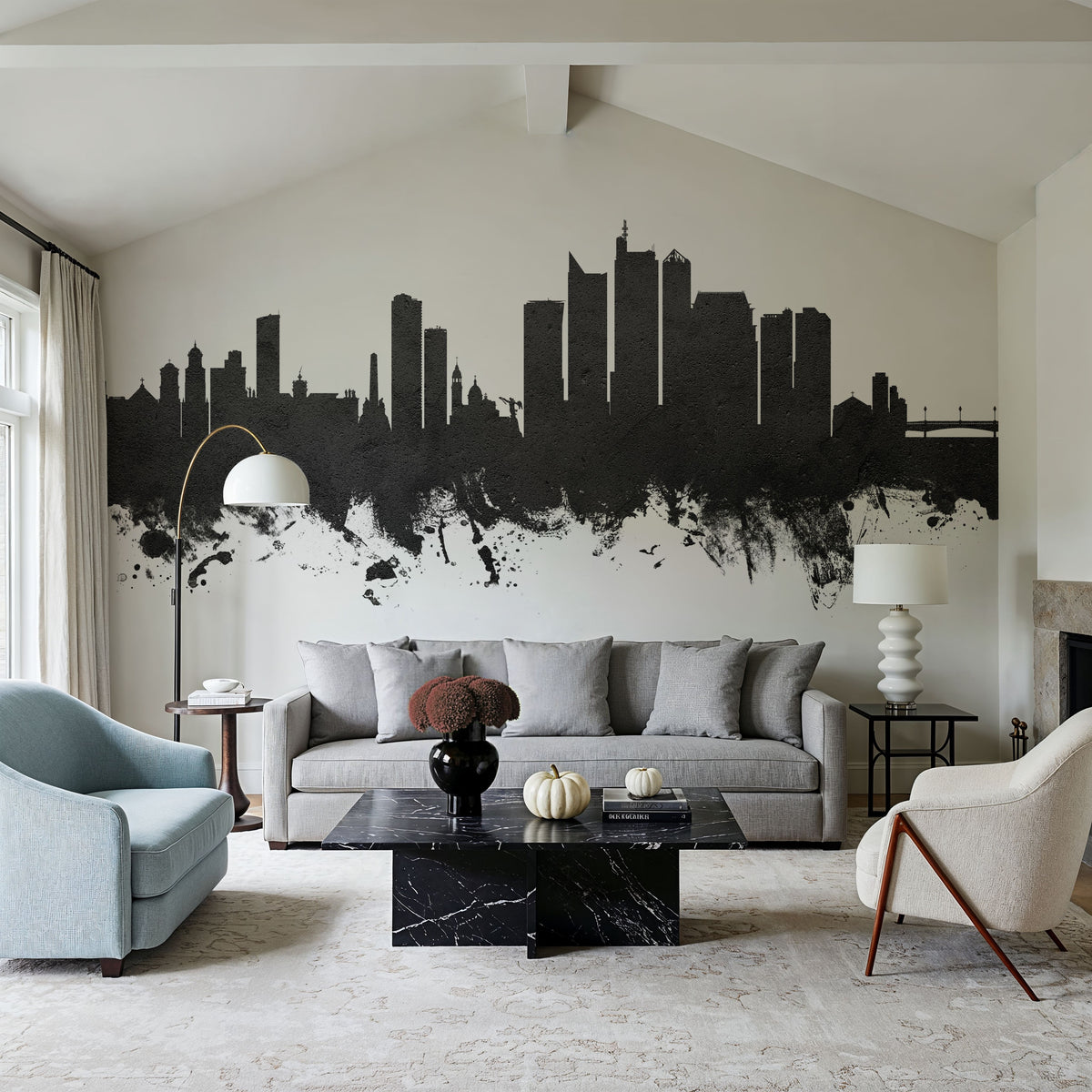 Manila Philippines Skyline Black & White Mural Wallpaper - room preview 03