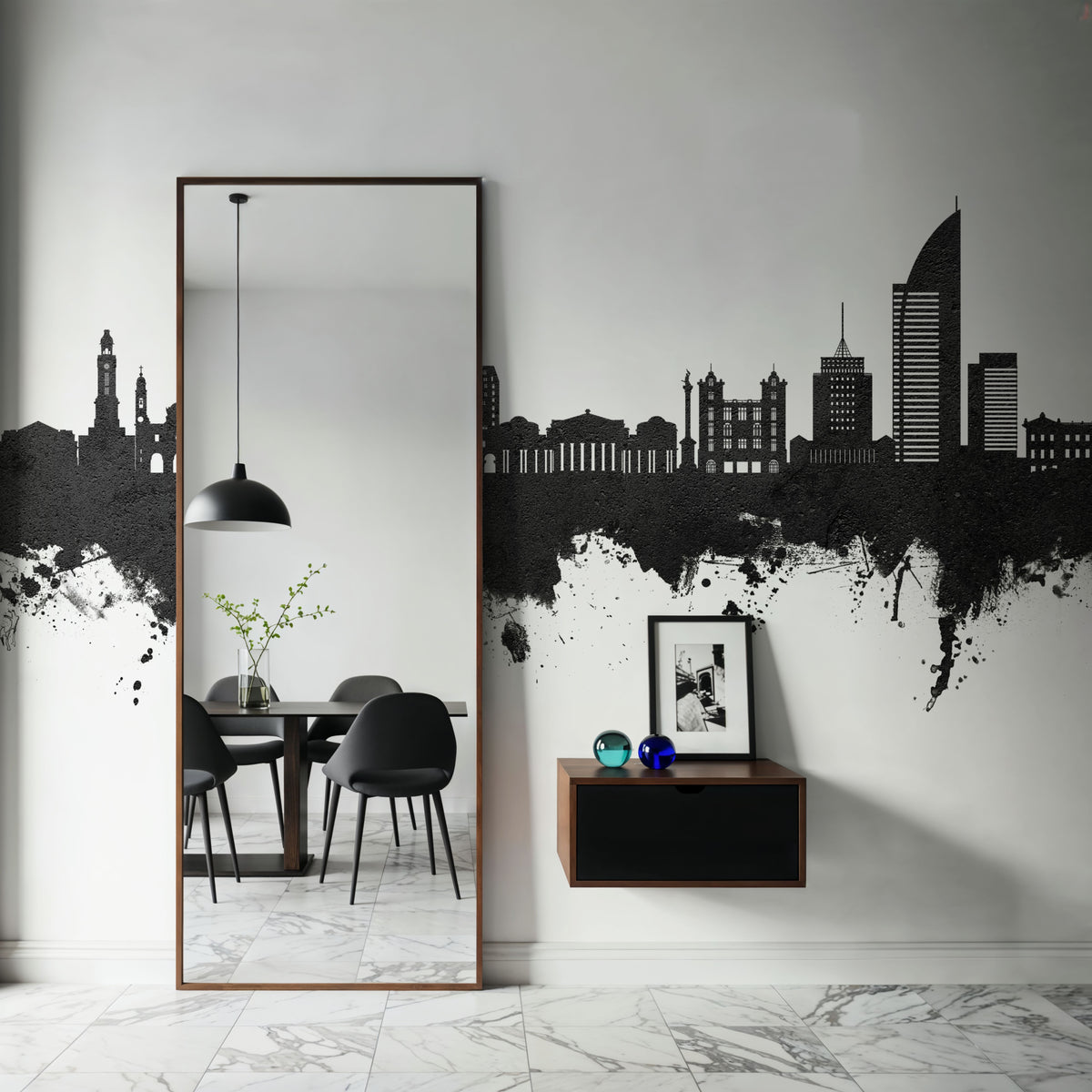 Montevideo Uruguay Skyline Black & White Mural Wallpaper - room preview 03