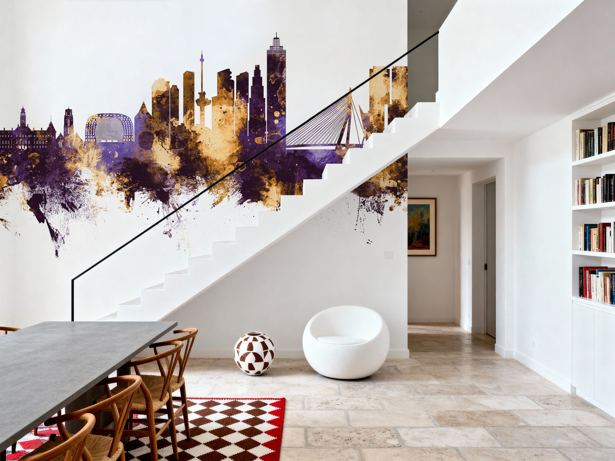 Rotterdam the Netherands Skyline Purple & Gold Mural Wallpaper - room preview 03