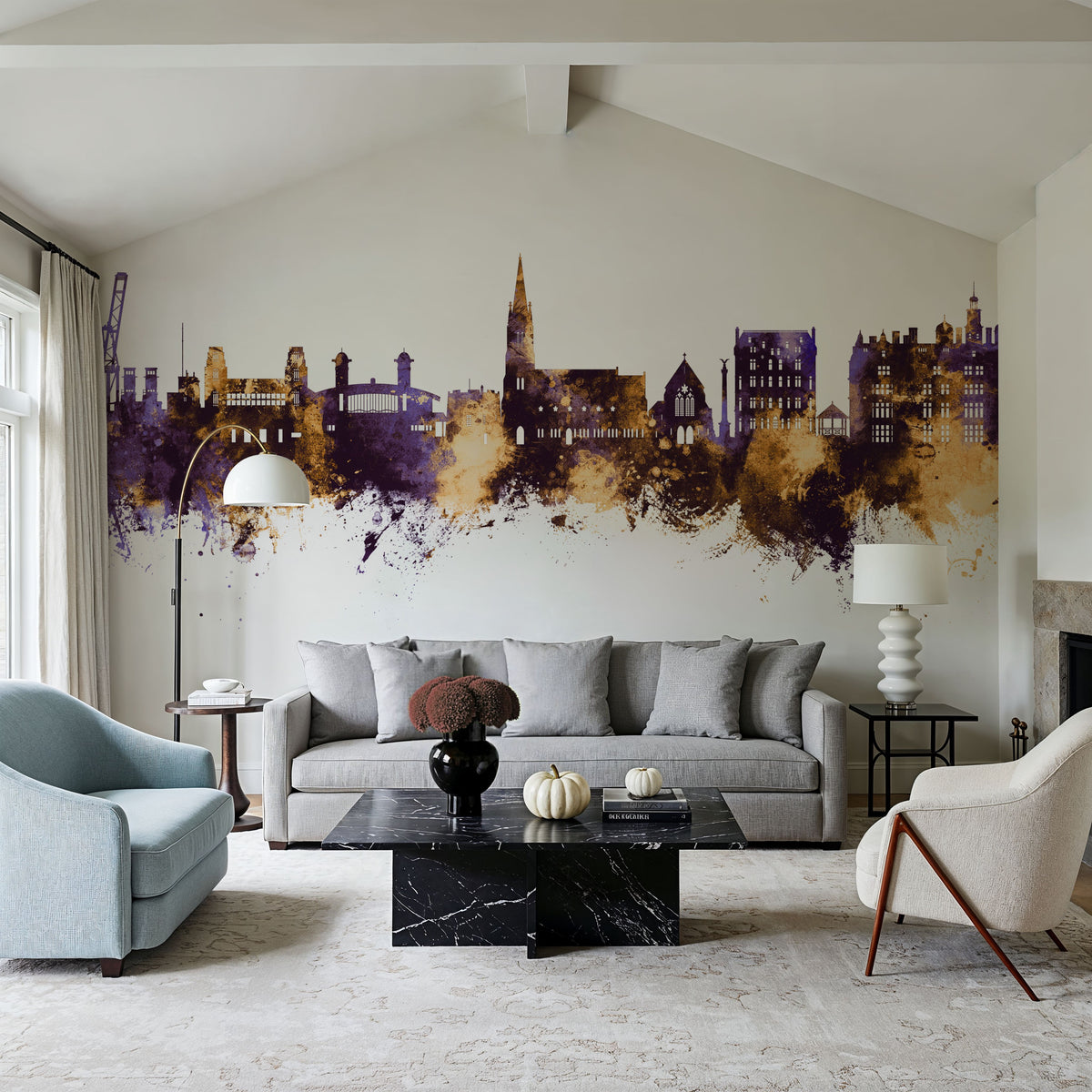 Felixstowe England Skyline Purple & Gold Mural Wallpaper - room preview 03