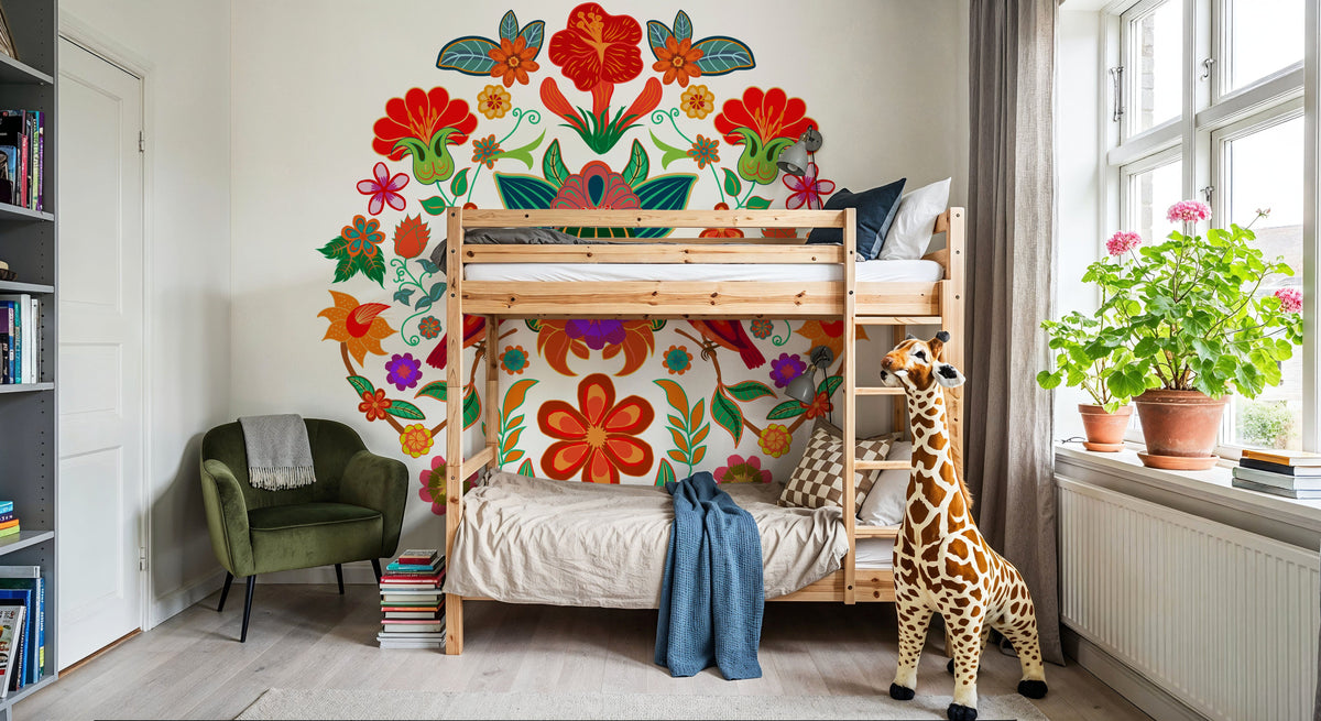 Otomi Floral Birds Mural Wallpaper - room preview 03