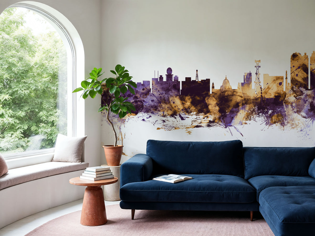 Kolkata (Calcutta) India Skyline Purple & Gold Mural Wallpaper - room preview 03