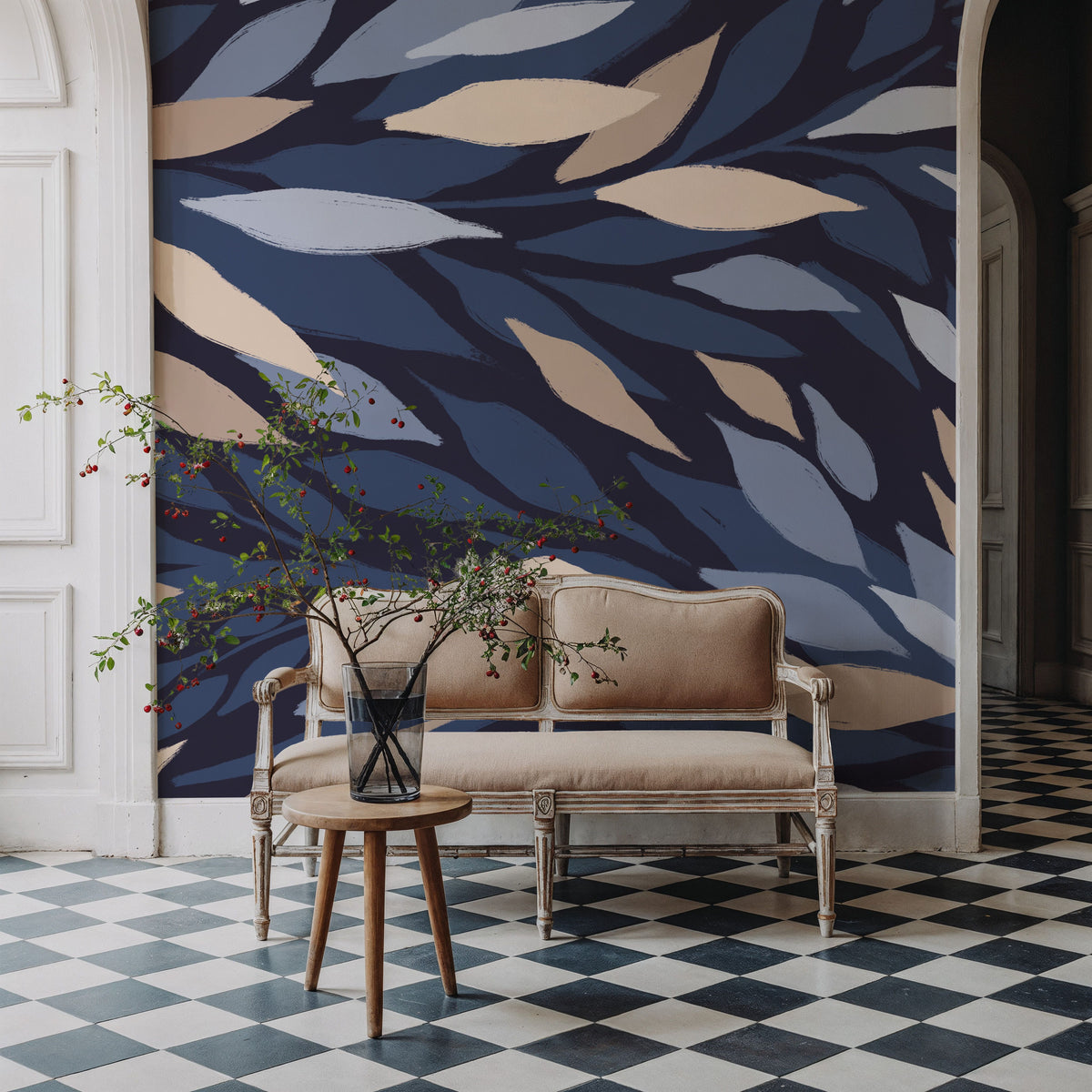 Leafy Lines Dark Plain Mural Wallpaper - room preview 03
