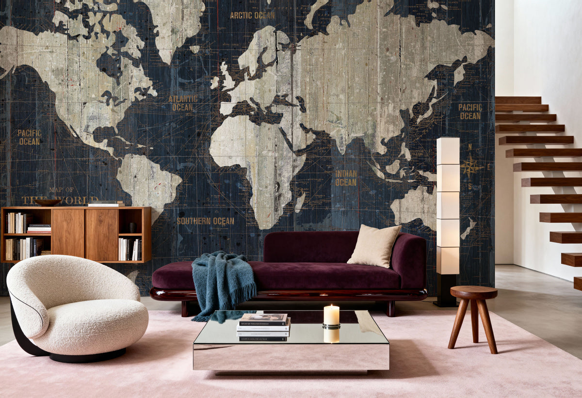 Old World Map Blue Mural Wallpaper - room preview 03