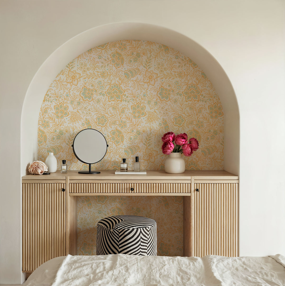 Kala Flowers Yellow on White Mural Wallpaper - room preview 03