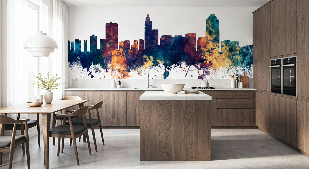 Raleigh North Carolina Skyline Blue & Bronze Mural Wallpaper - room preview 03