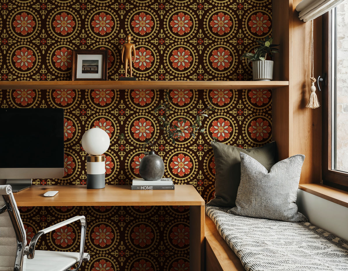Geo Floral, Chocolate Mural Wallpaper - room preview 03
