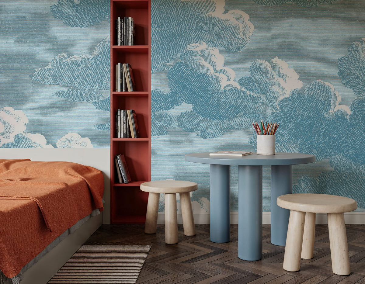 Intaglio Clouds, Washed Demin Mural Wallpaper - room preview 03