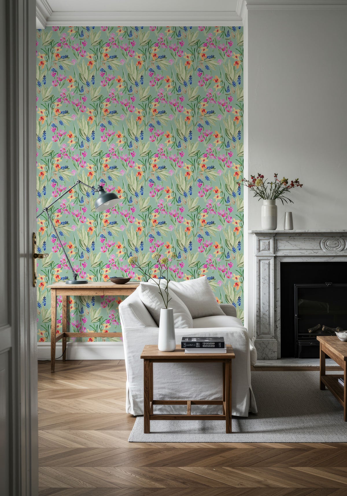 Flower Blush Mint Mural Wallpaper - room preview 03