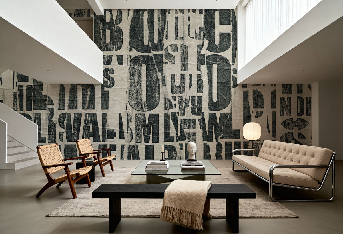 Letterpress Vintage Newspaper Collage, Black Mural Wallpaper - room preview 03