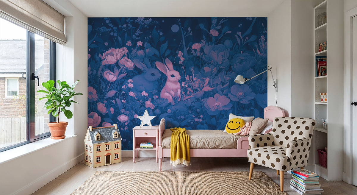 Rabbits Blue Pink Mural Wallpaper - room preview 03