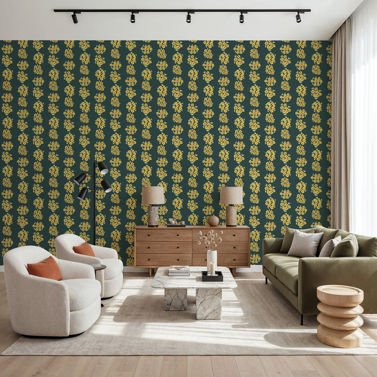 Ditsy Floral Clusters, Dark Teal Mural Wallpaper - room preview 03