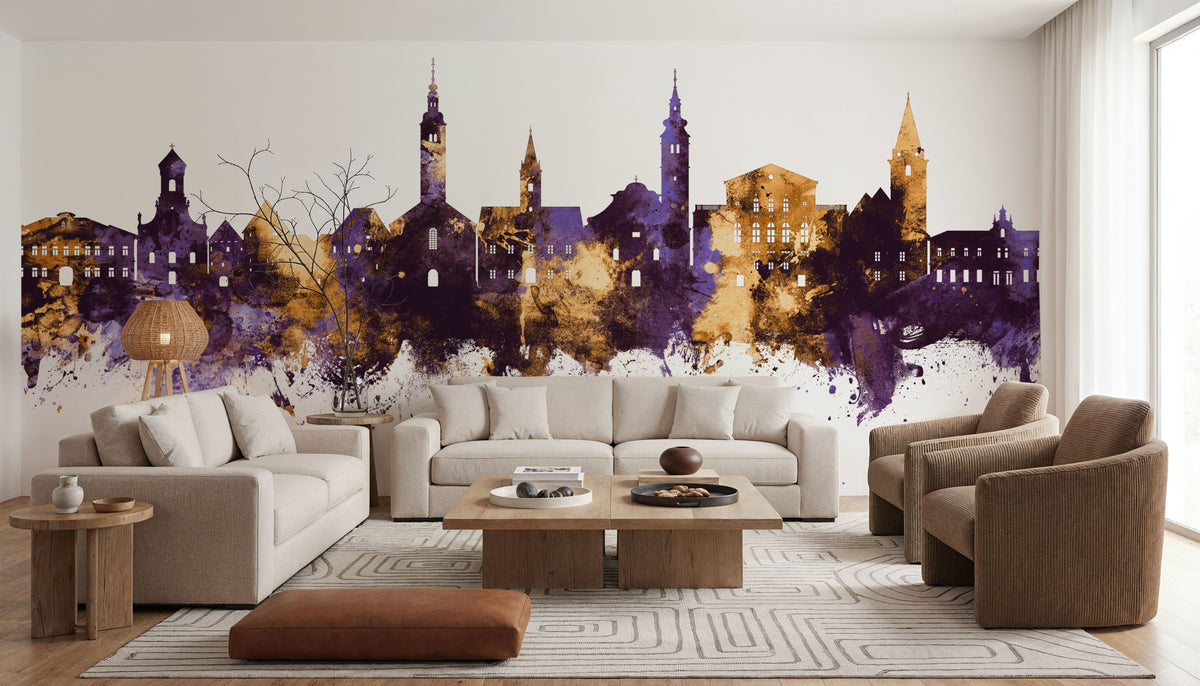Varaždin Croatia Skyline Purple & Gold Mural Wallpaper - room preview 03