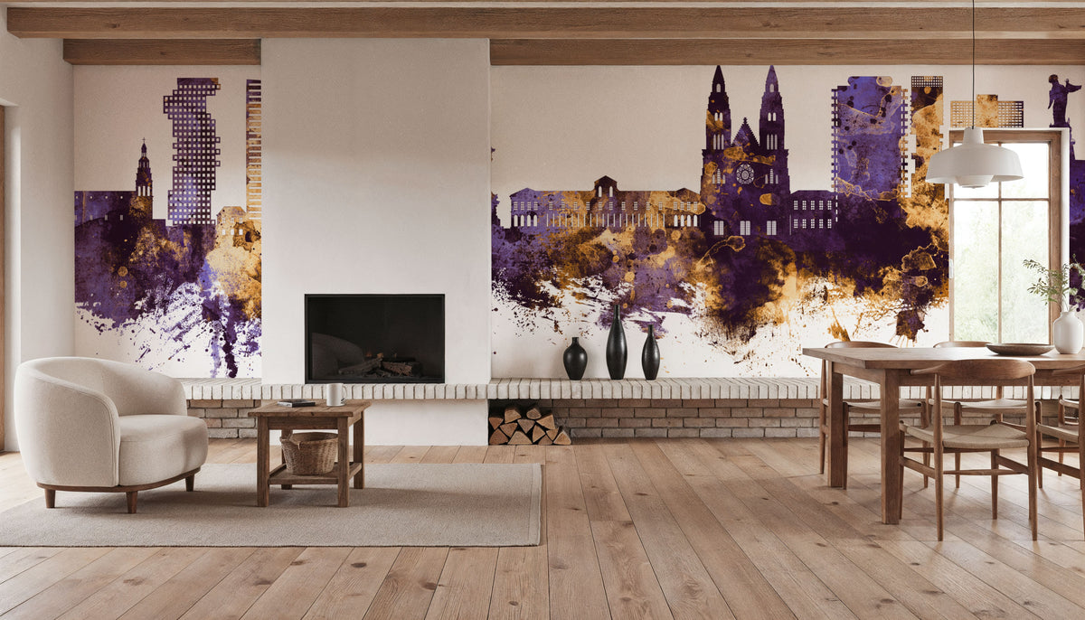 Quito Ecuador Skyline Purple & Gold Mural Wallpaper - room preview 03