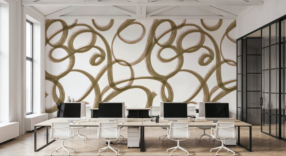Curly Brush Lines, Beige Mural Wallpaper - room preview 03
