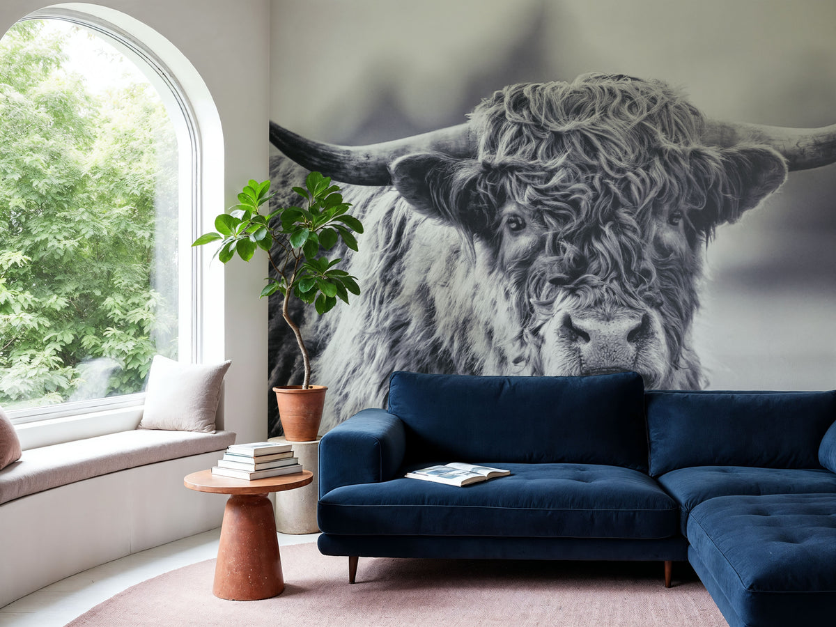 Highland Cow Pastures II Mural Wallpaper - Neutral Tone - room preview 03