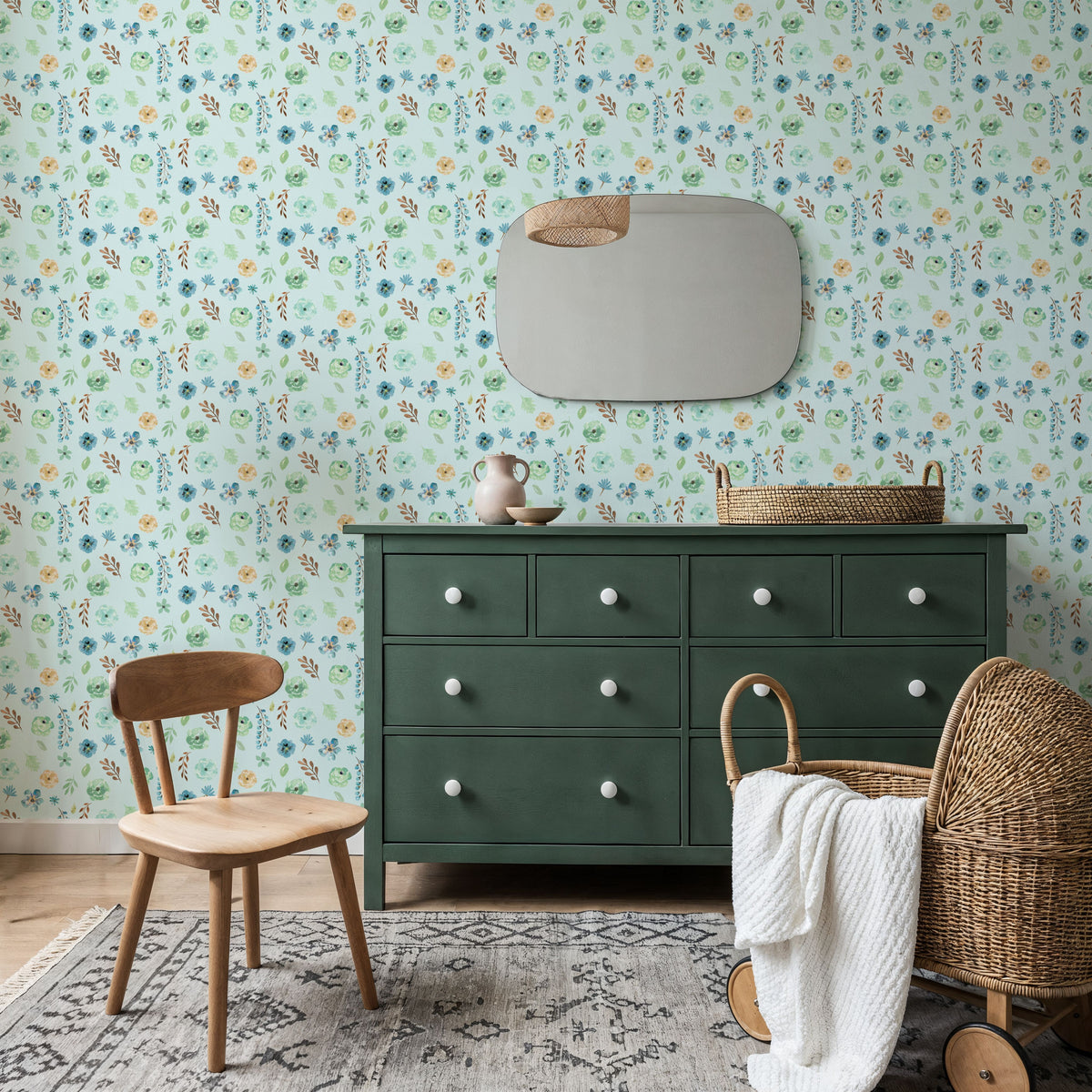 Flutterby Flowers Baby Blue Mural Wallpaper - room preview 03