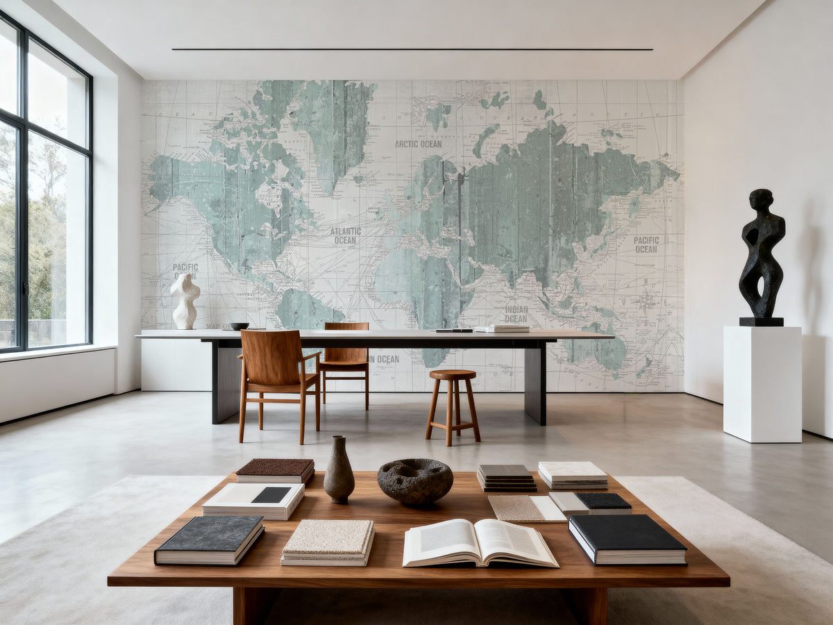Old World Map Mint Gray Mural Wallpaper - room preview 03