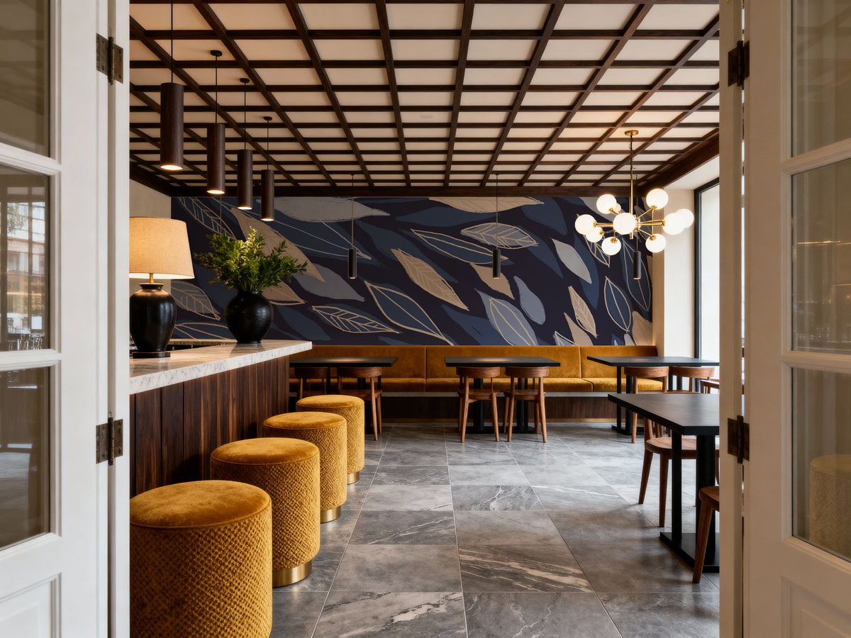 Leafy Lines Dark Mural Wallpaper - room preview 03