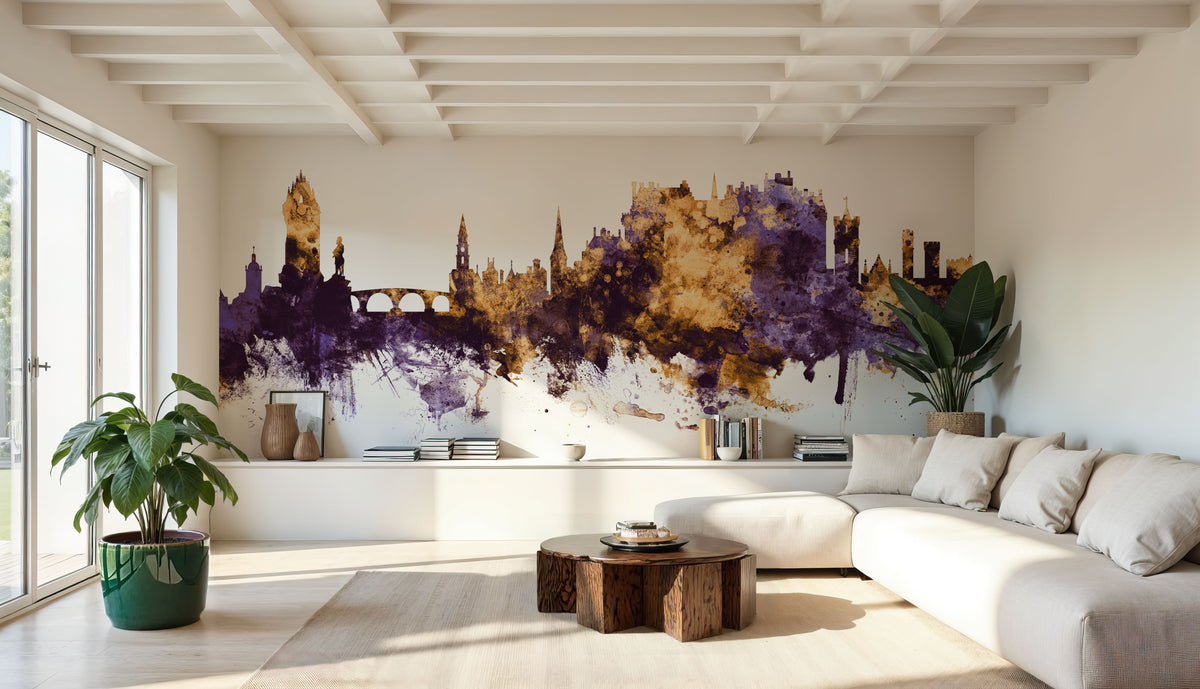 Stirling Scotland Skyline Purple & Gold Mural Wallpaper - room preview 03
