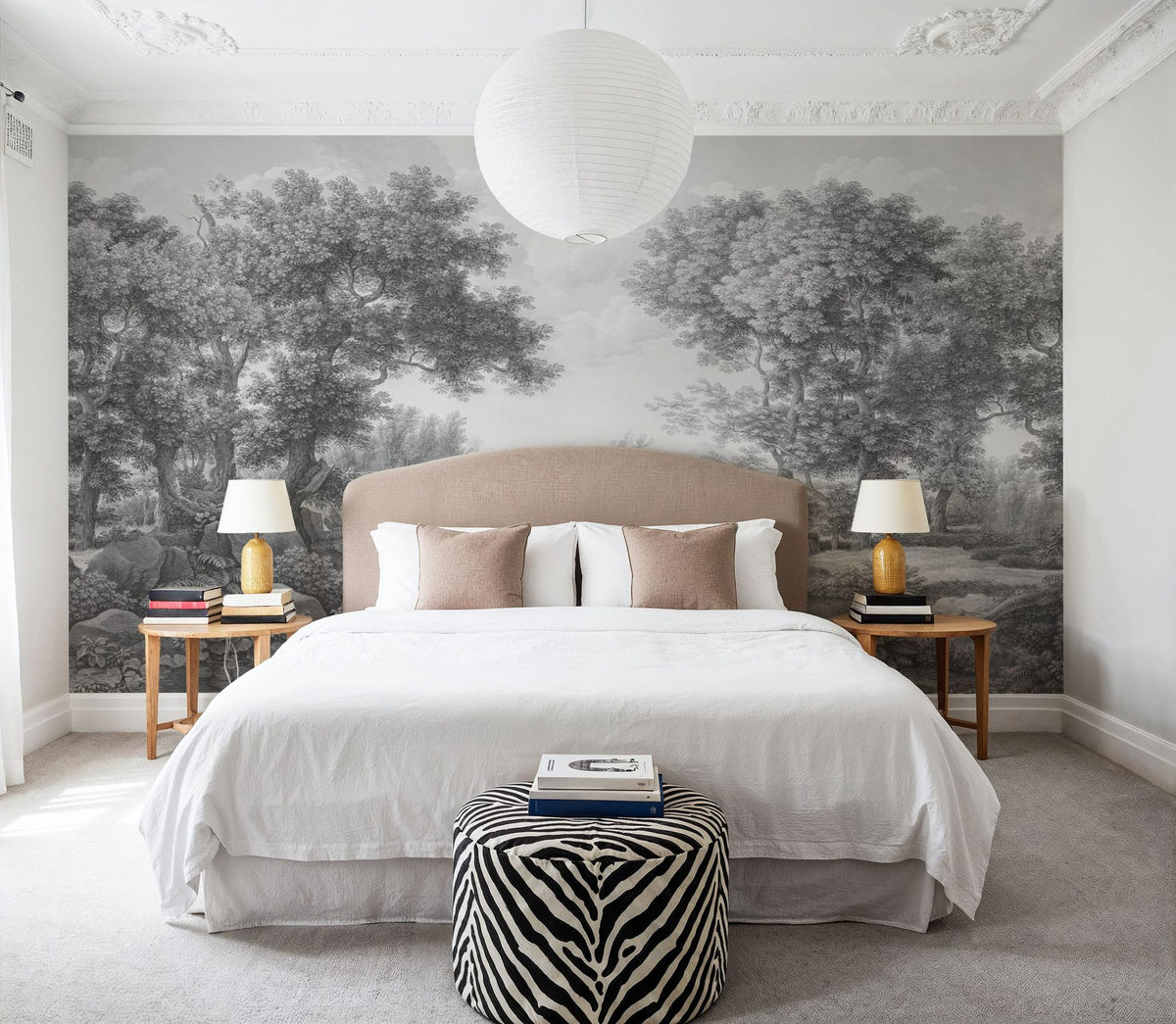 Riverbank Oak Landscape, Pewter Mural Wallpaper - room preview 03