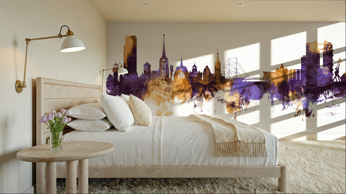 Halmstad Sweden Skyline Purple & Gold Mural Wallpaper - room preview 03