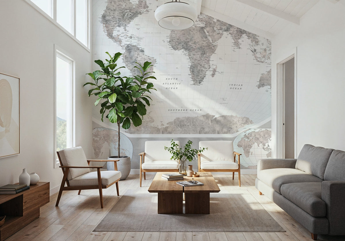 World Map Atlas Gray Mural Wallpaper - room preview 03