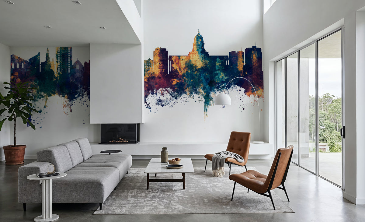 Madison Wisconsin Skyline Blue & Bronze Mural Wallpaper - room preview 03