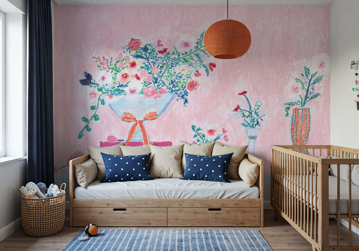 Flower Vases and Books Pink Mural Wallpaper - room preview 03