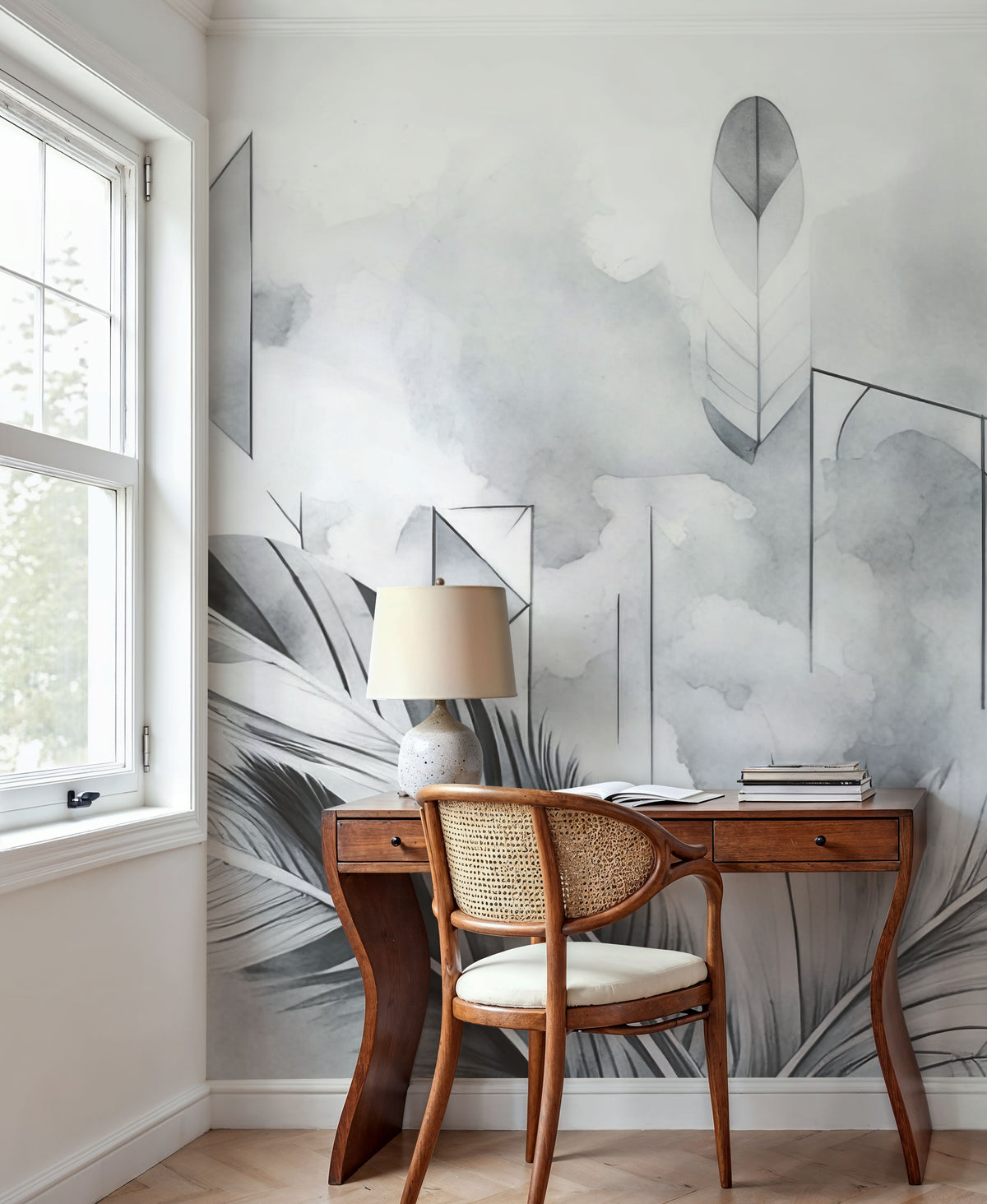 Feather Geometry Gray Mural Wallpaper - room preview 03